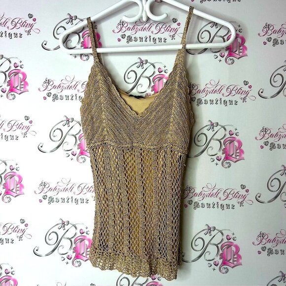 le chateau Tops - Le Chateau crochet knit gold shimmer sparkly Tan Fitted Ribbed Camisole